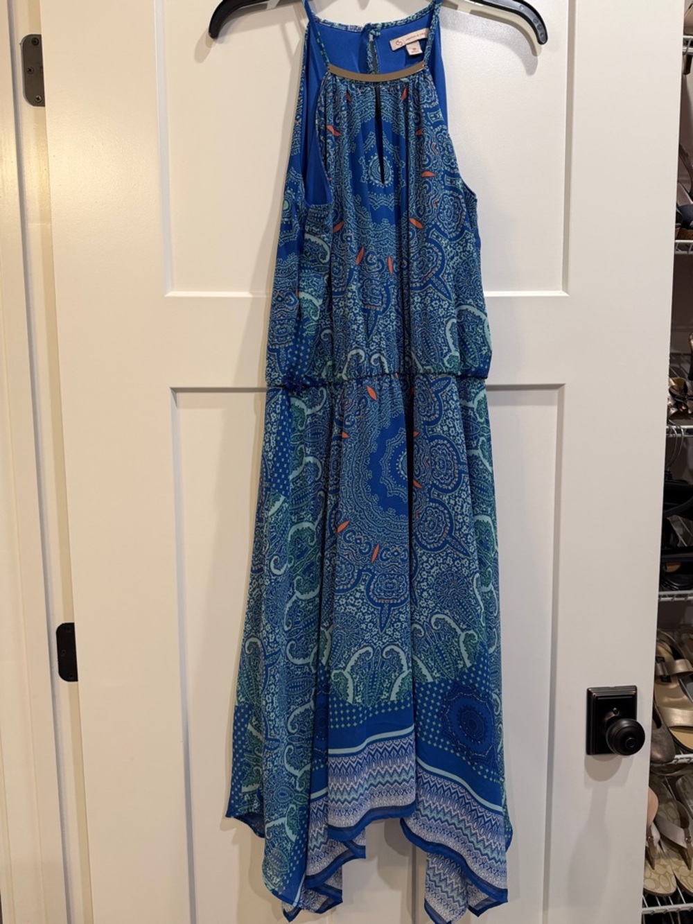 Dress Barn Blue & Teal Paisley Halter Flowing Maxi Dress Size 10